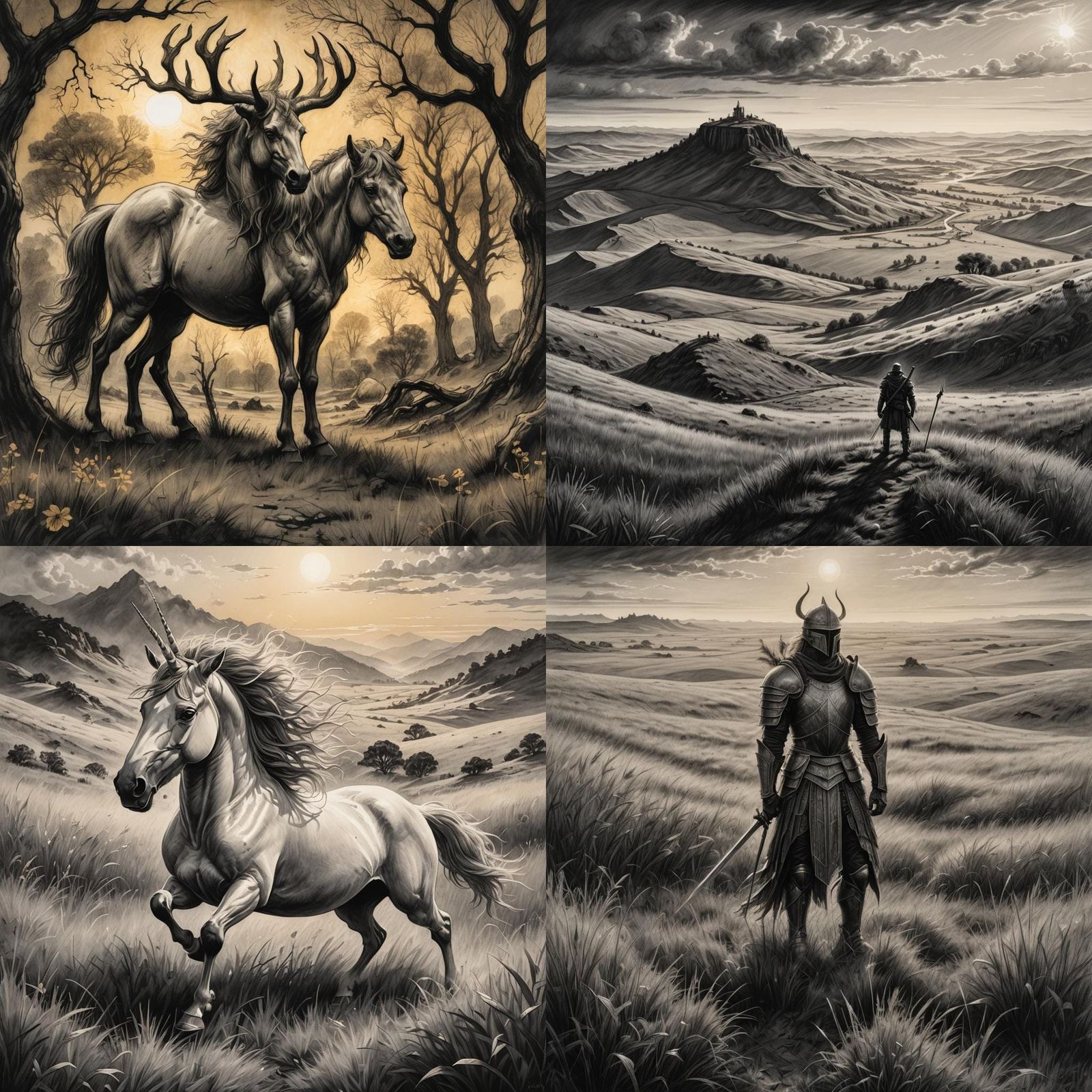 Detailed Charcoal Drawing of Fantasy Grasslands