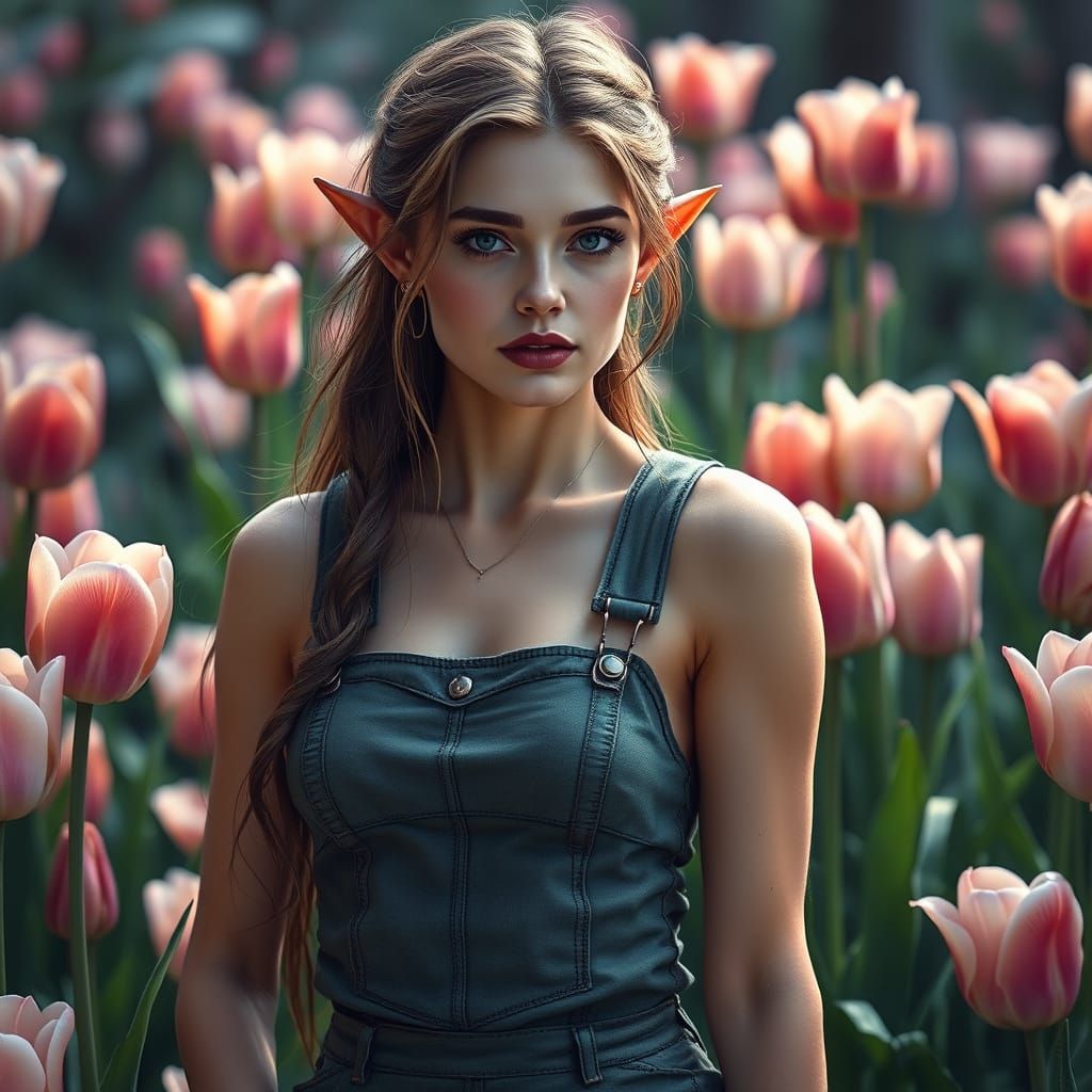 Enchanting Elf Woman Amidst Vibrant Tulip Garden in Hyperrea...