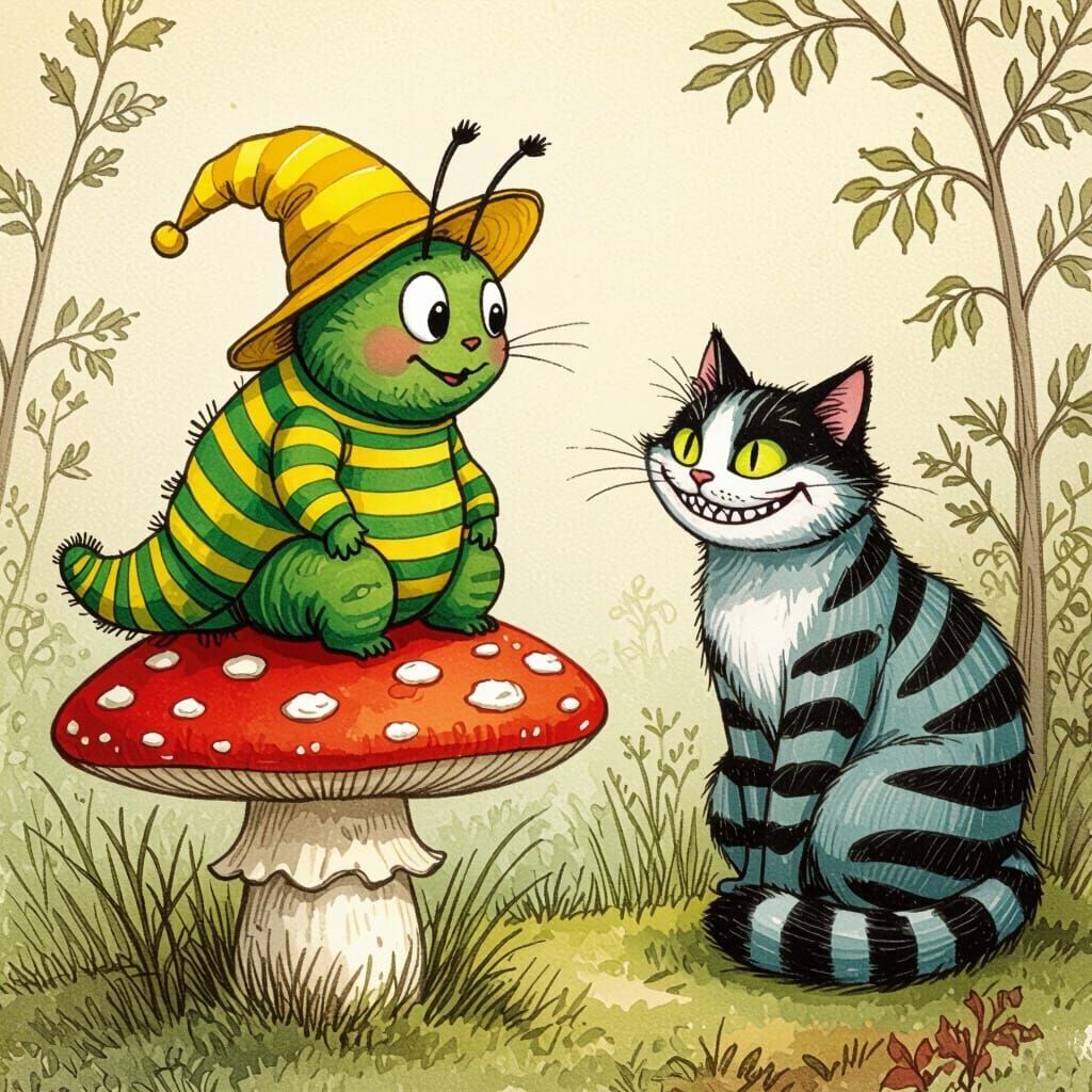 Caterpillar and Cheshire Cat in Wonderland