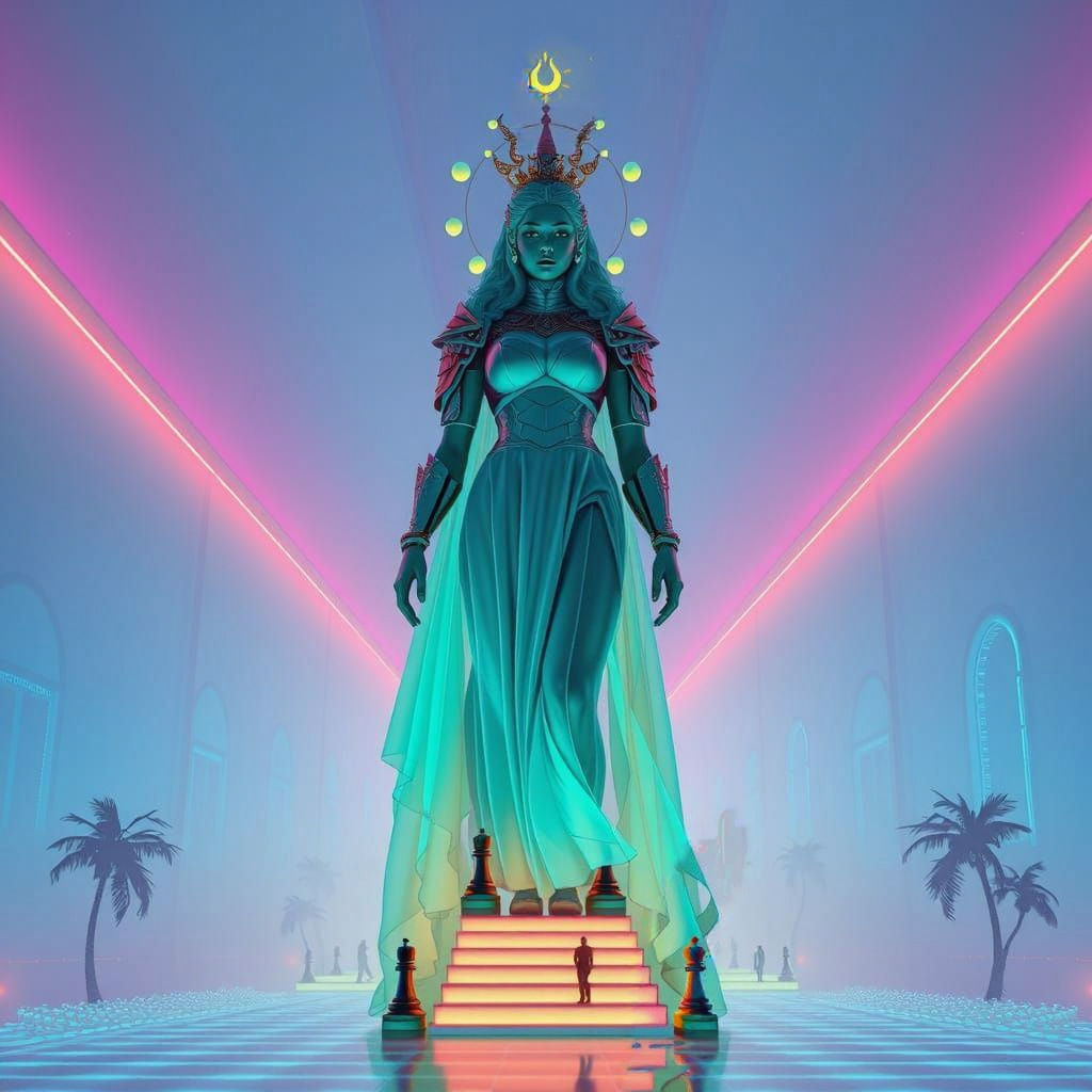 Vaporwave Chess Goddess in Endless Atrium