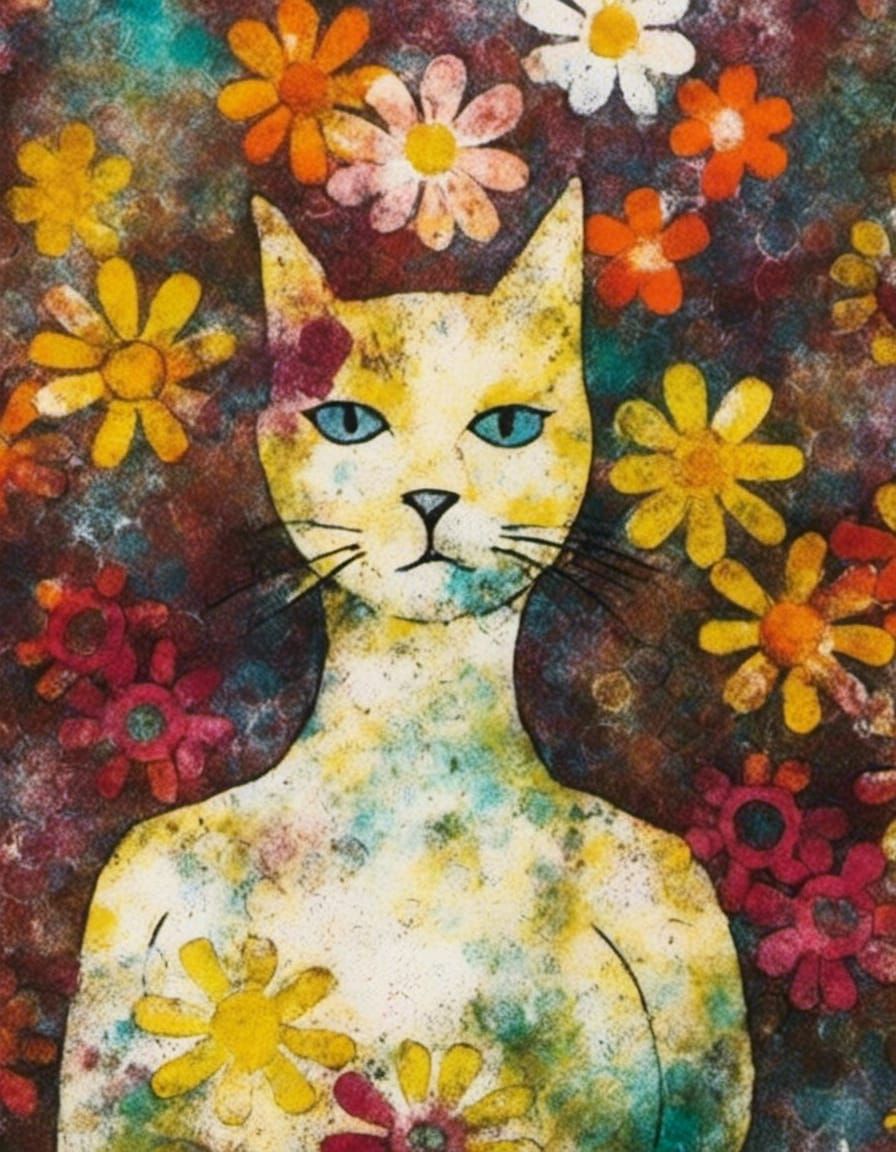 Sad cat. Flowers gelliprint 🌼