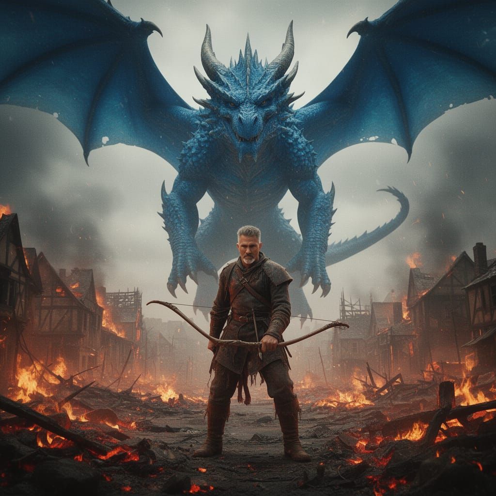 Blue Dragon Over Fire Town with Rogue Archer