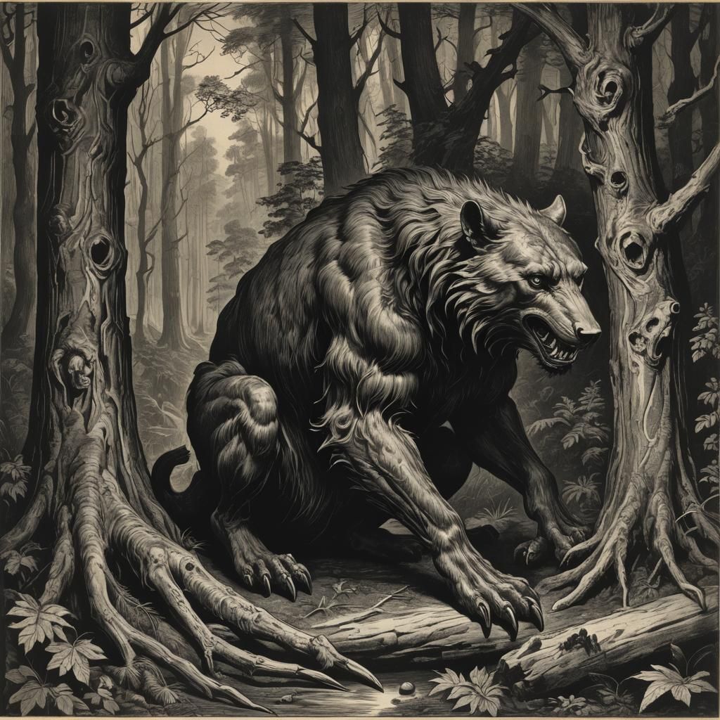 Eerie Night Beast in Forest, Woodcut Style