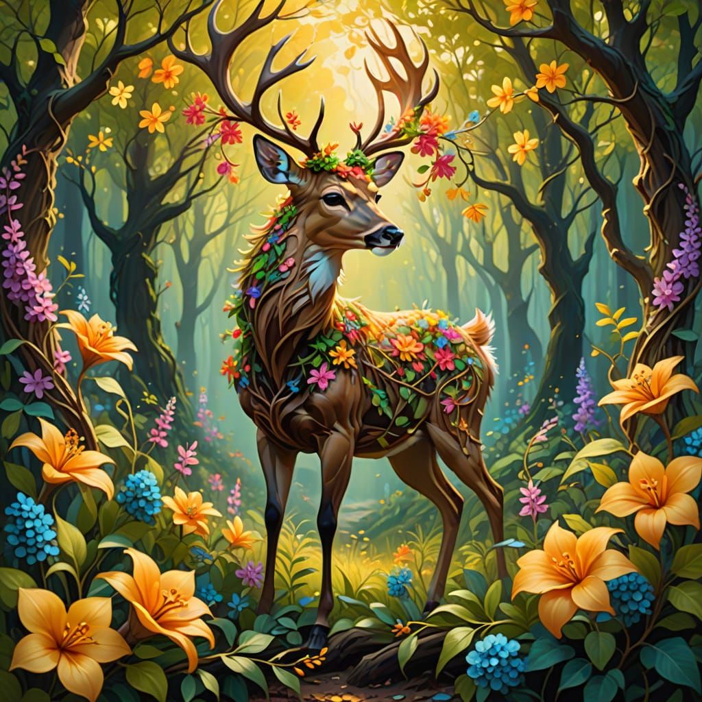 Floral Deer Runs Through Forest: Concept Art