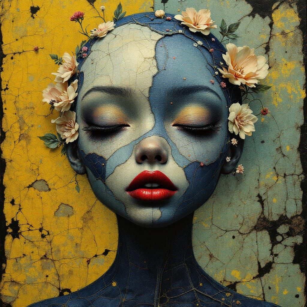 Ethereal Surrealist Ballhead with Mosaic Skin and Bold Red L...