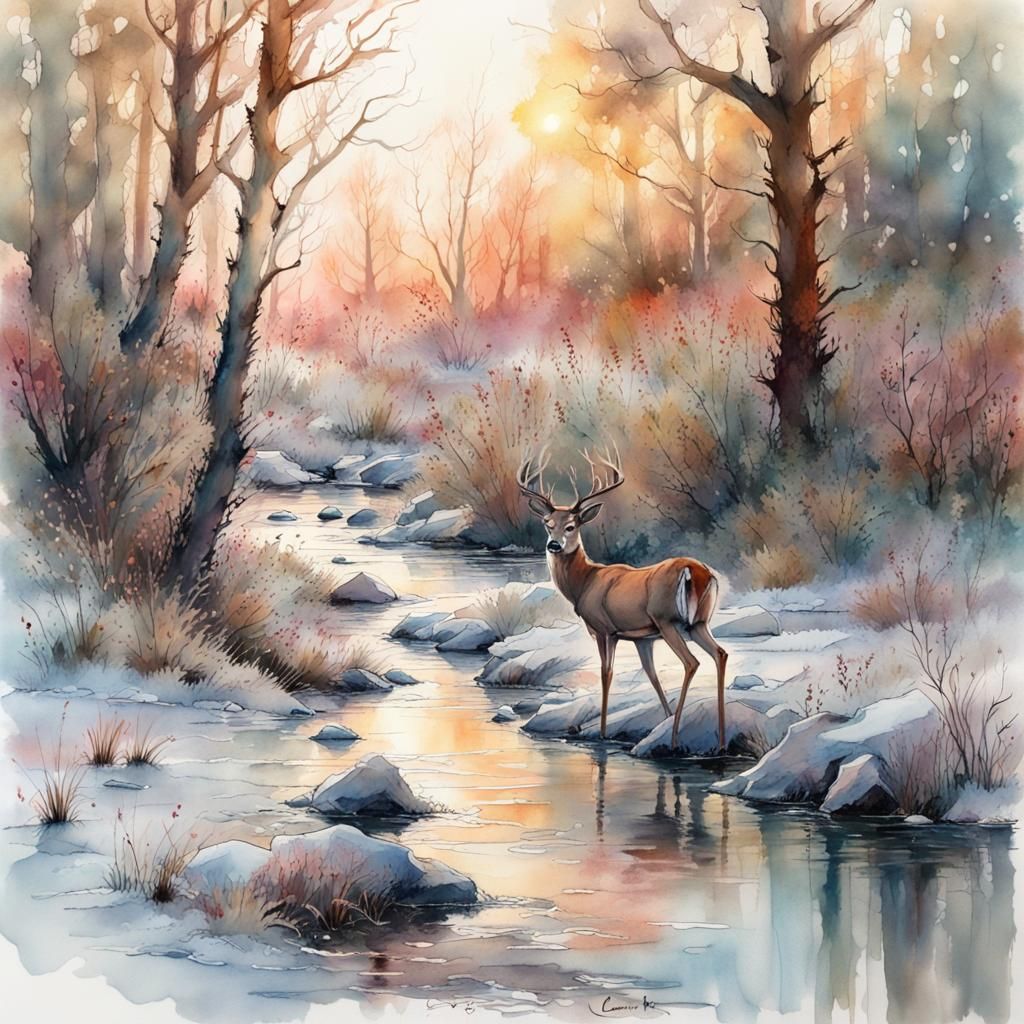 Deer Crossing Creek: Watercolor Sunrise Landscape