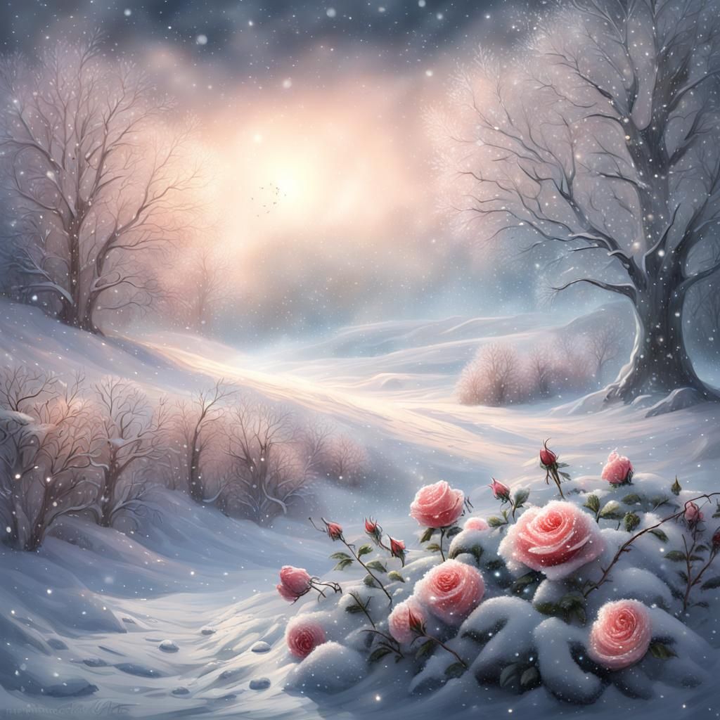 Mystical Glowing Rose in Winter Landscape