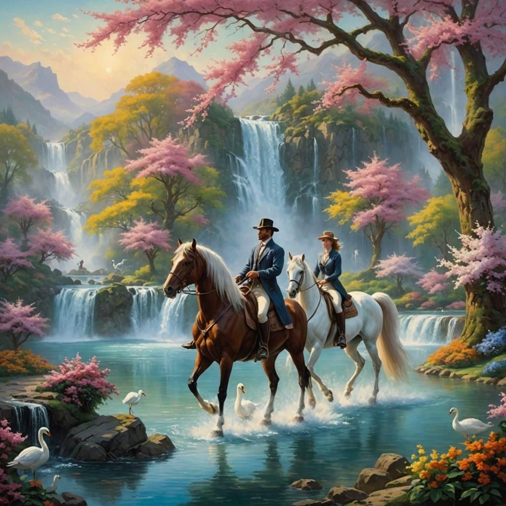 Stallions Between Blooming Trees: Realistic Oil Painting