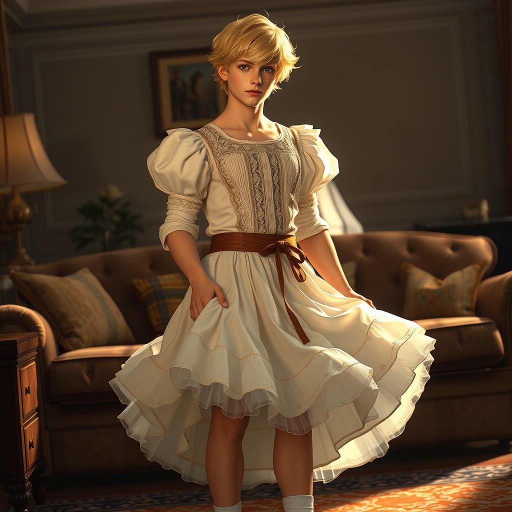 Elegantly Dressed Young Man in a Handcrafted Dress with Smoc...