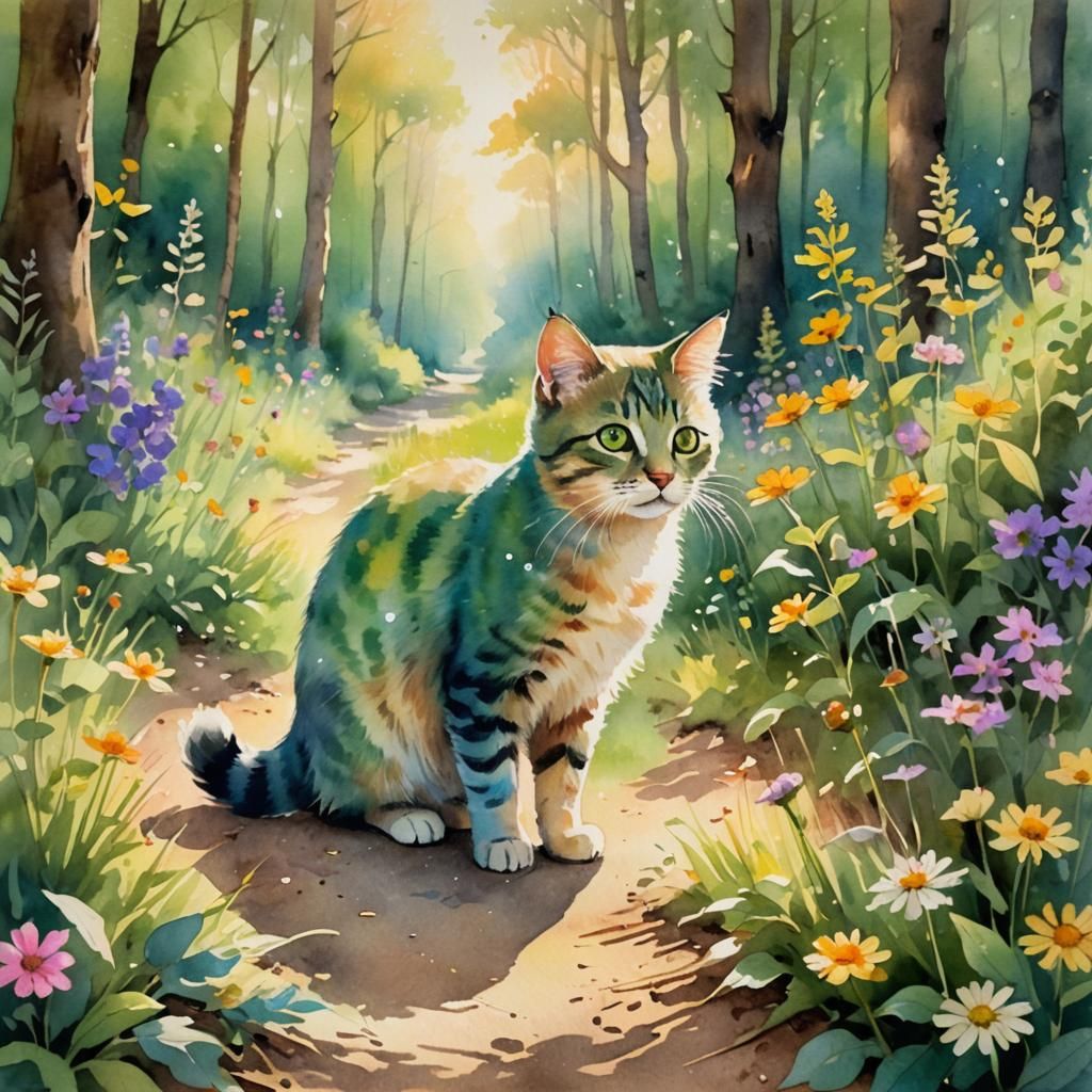 Green Kitten in Forest: Whimsical Watercolor Art