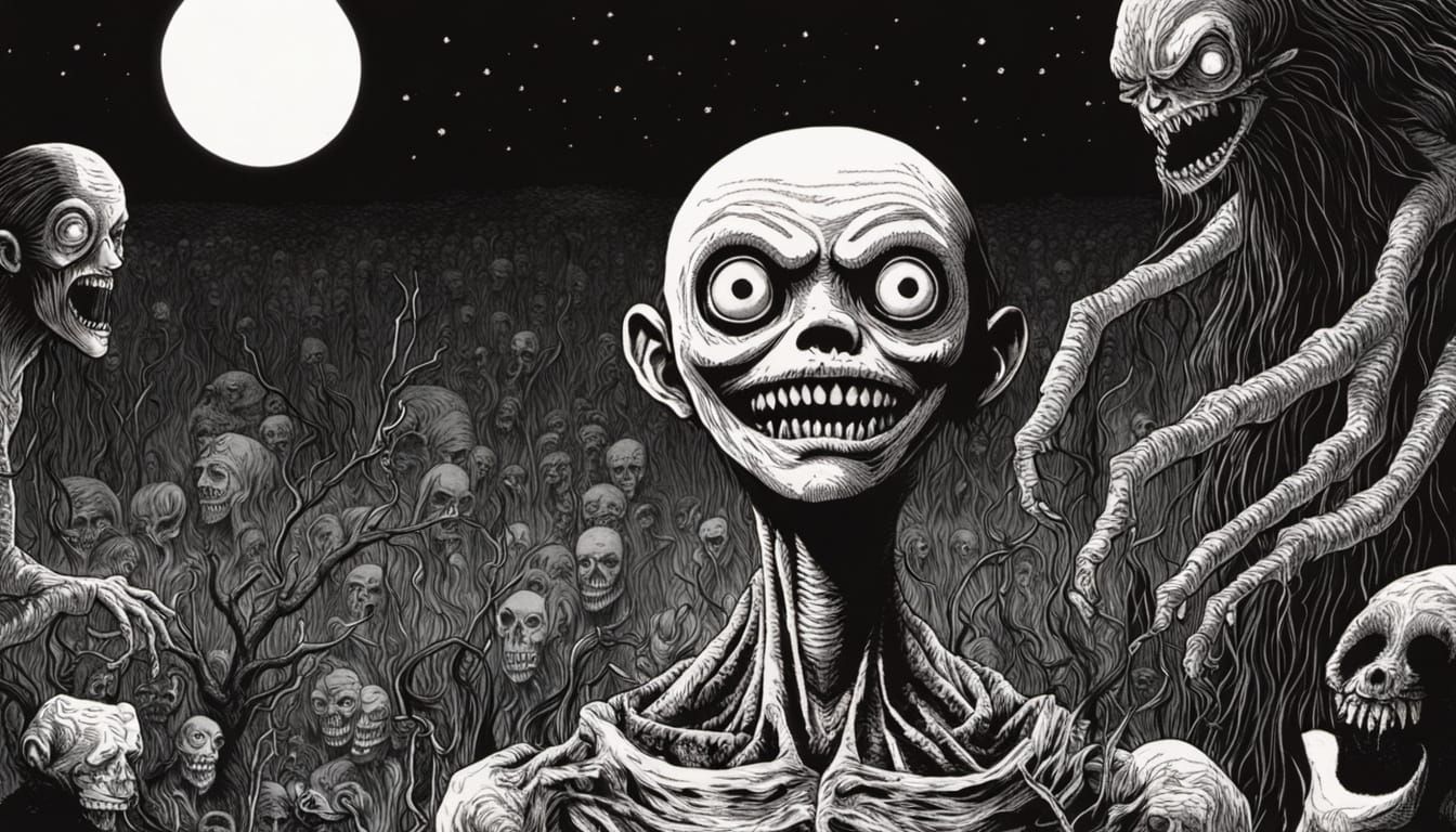 Junji Ito Inspired Horror Scene with Doll Monster