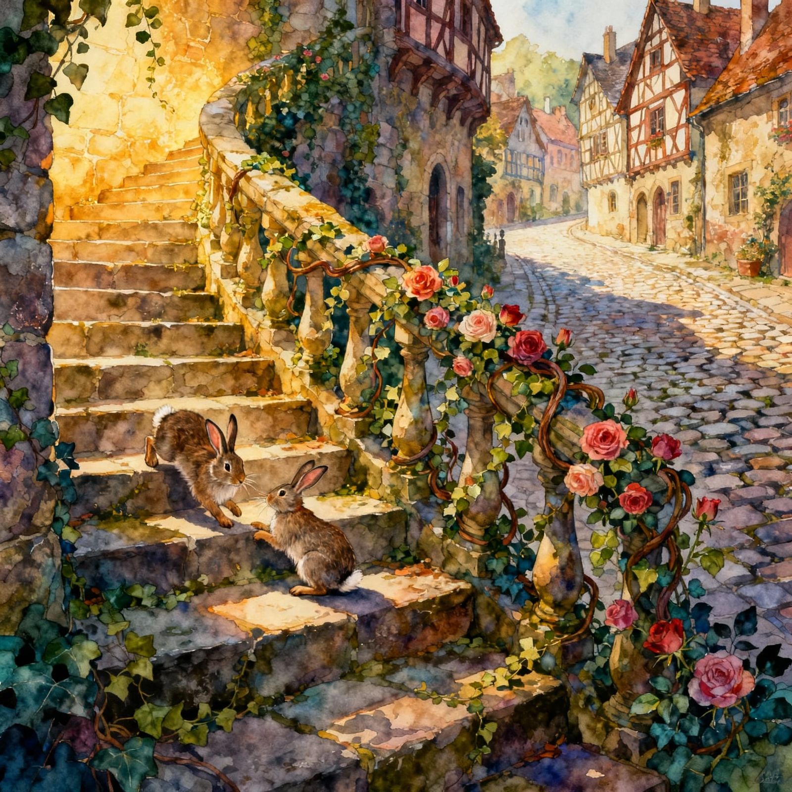 Rabbits Play on Enchanted Medieval Stairway