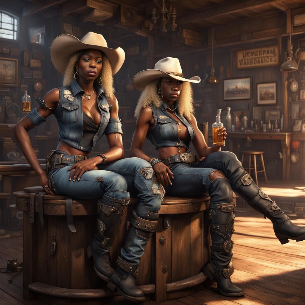 Cyberpunk Cowgirls in Old West Saloon