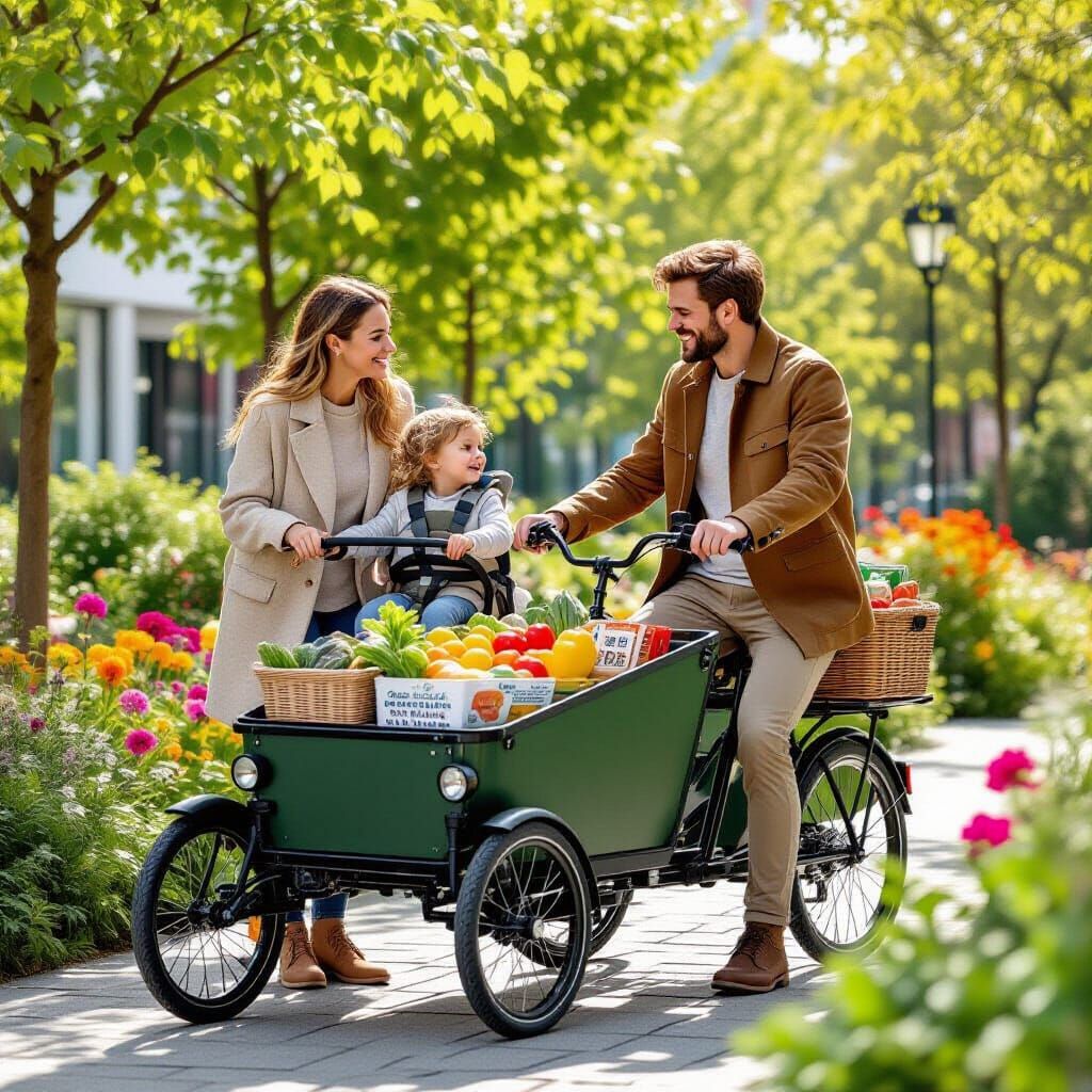 Family on Cargo E-Trike in Urban Park