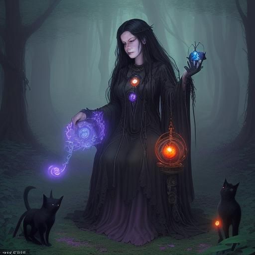 Forest Witch with Spirits and Glowing Amulet