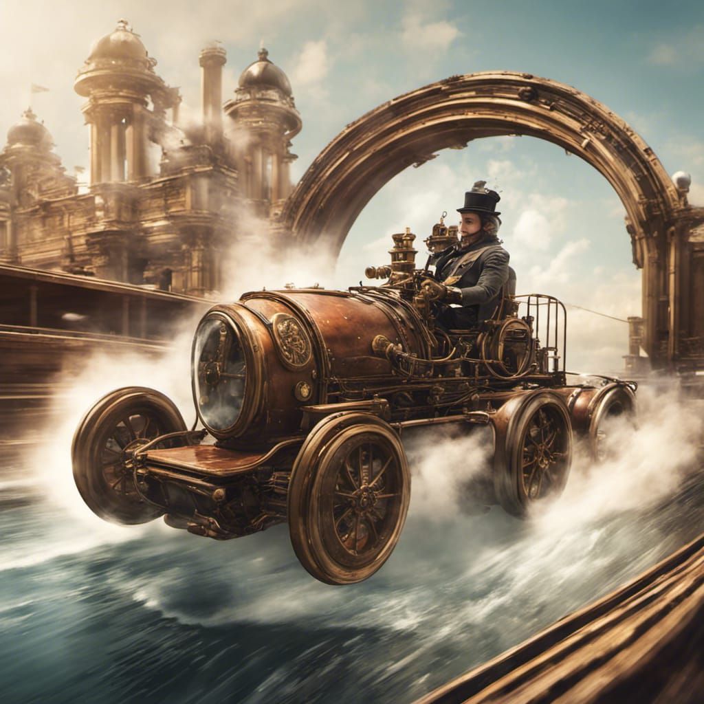 Victorian Steampunk Race Car Entering Water