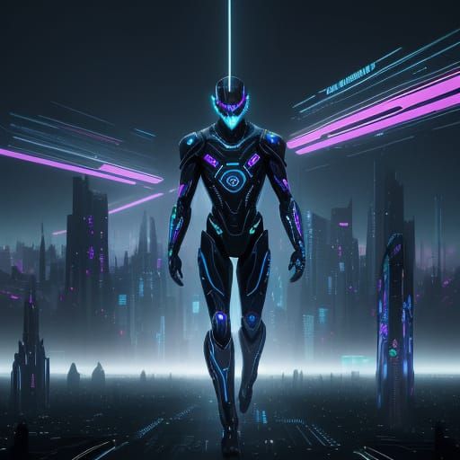 Cyberpunk Robot Stands at Edge of Futuristic City on Alien P...