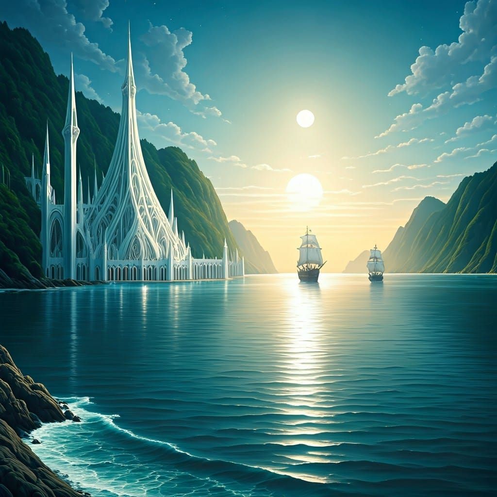 Ethereal Seaside City at Sunset: Art Nouveau Dreamscape