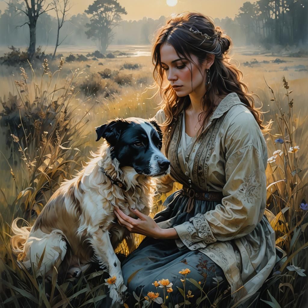 Foggy Meadow: Woman and Puppy in Maximalist Style