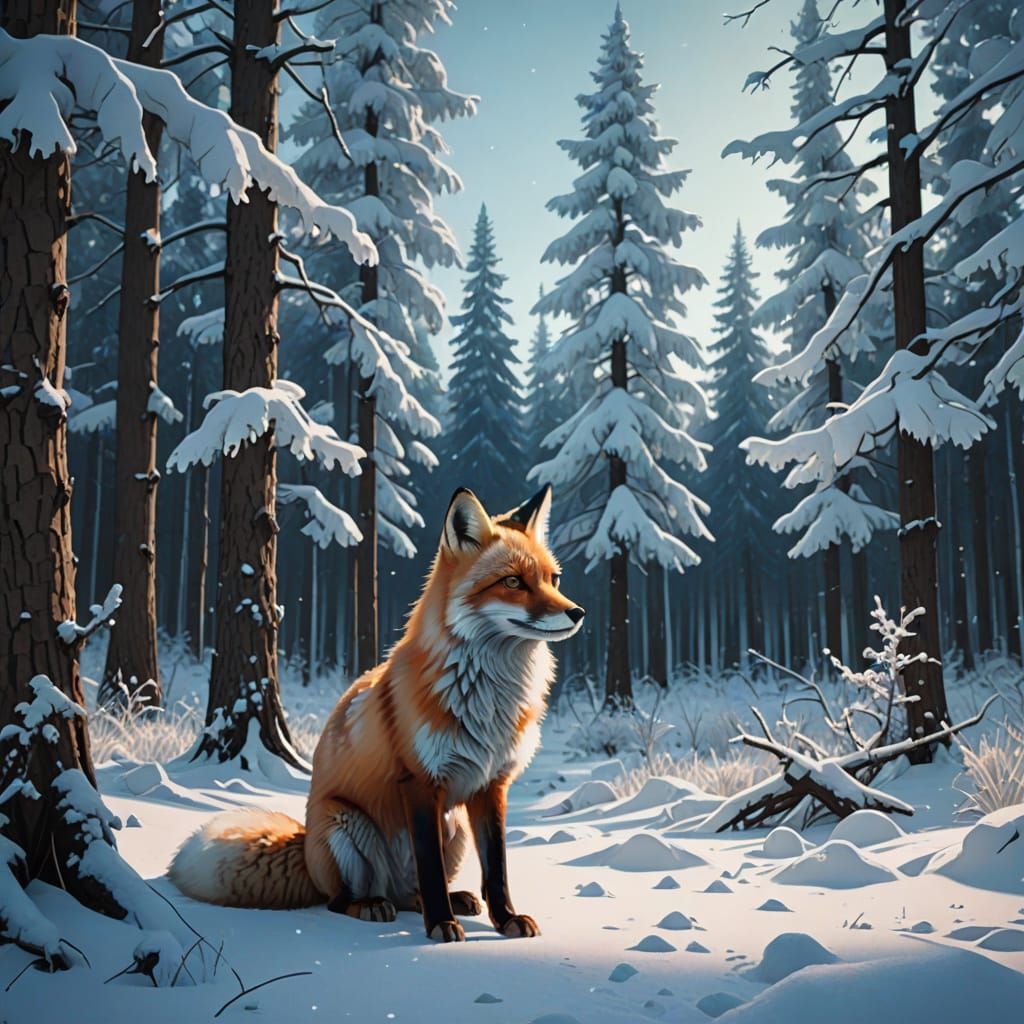 Majestic Fox in Snowy Forest Digital Painting