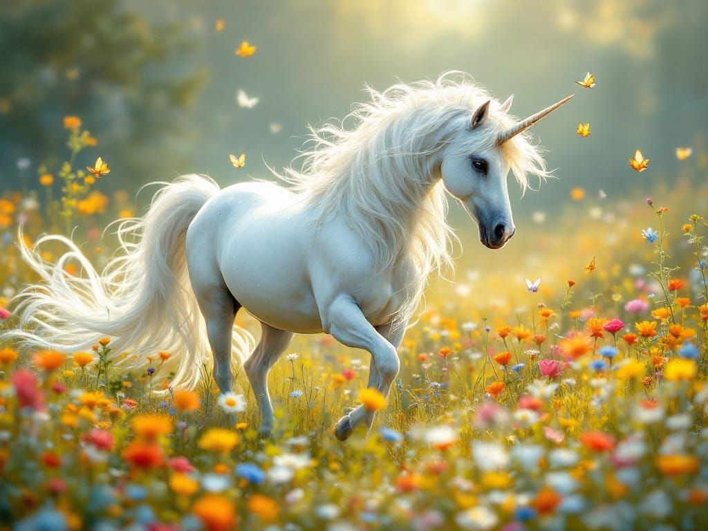 Ethereal Unicorn in Vibrant Sunlit Meadow