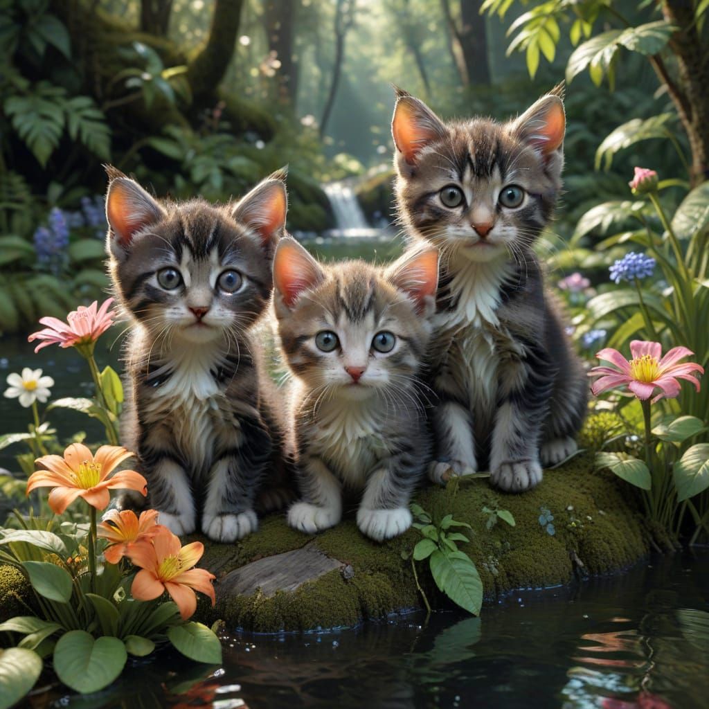 Kitten Siblings in Lush Hyper-Detailed Forest
