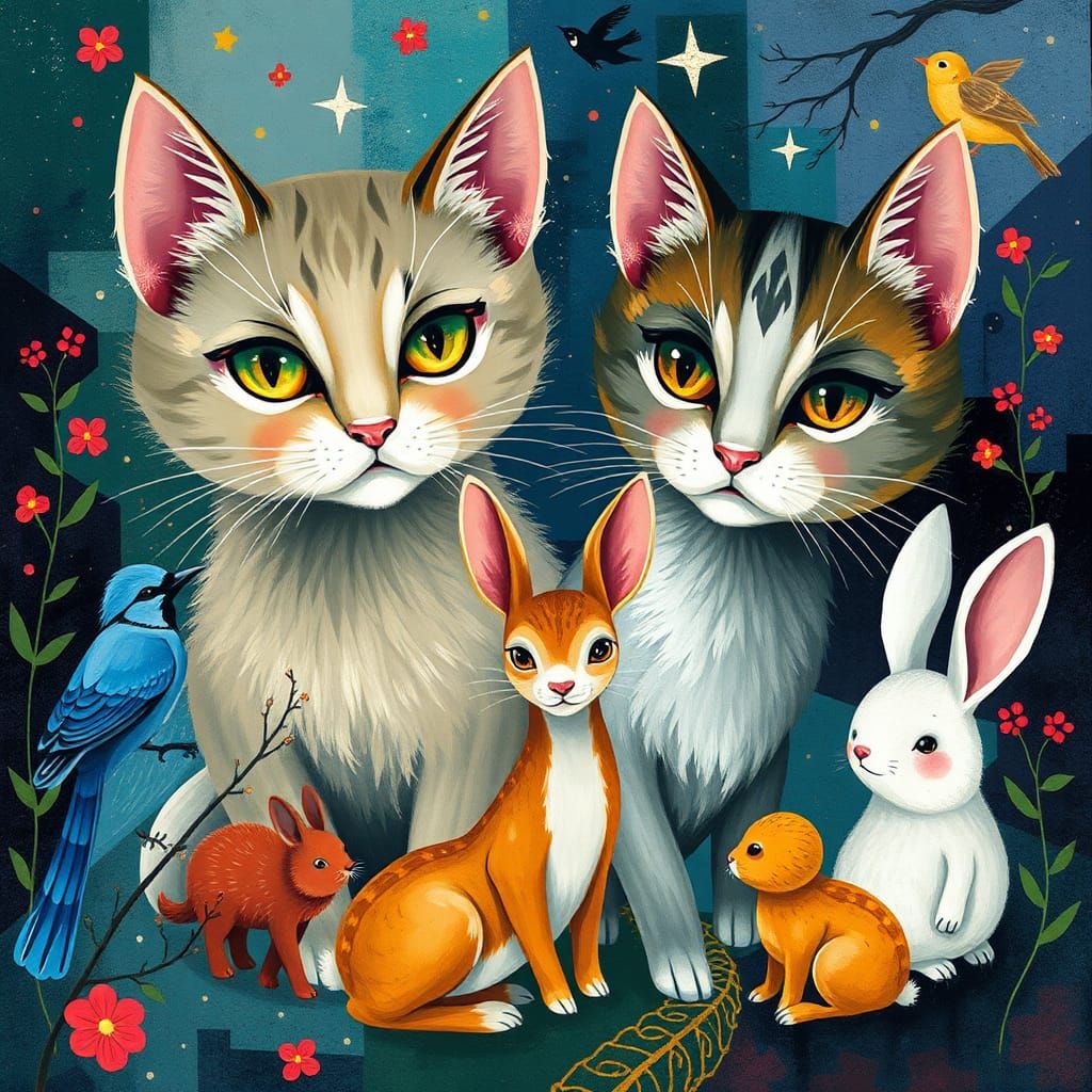 Enchanting Cats and Friends in Whimsical Illustration