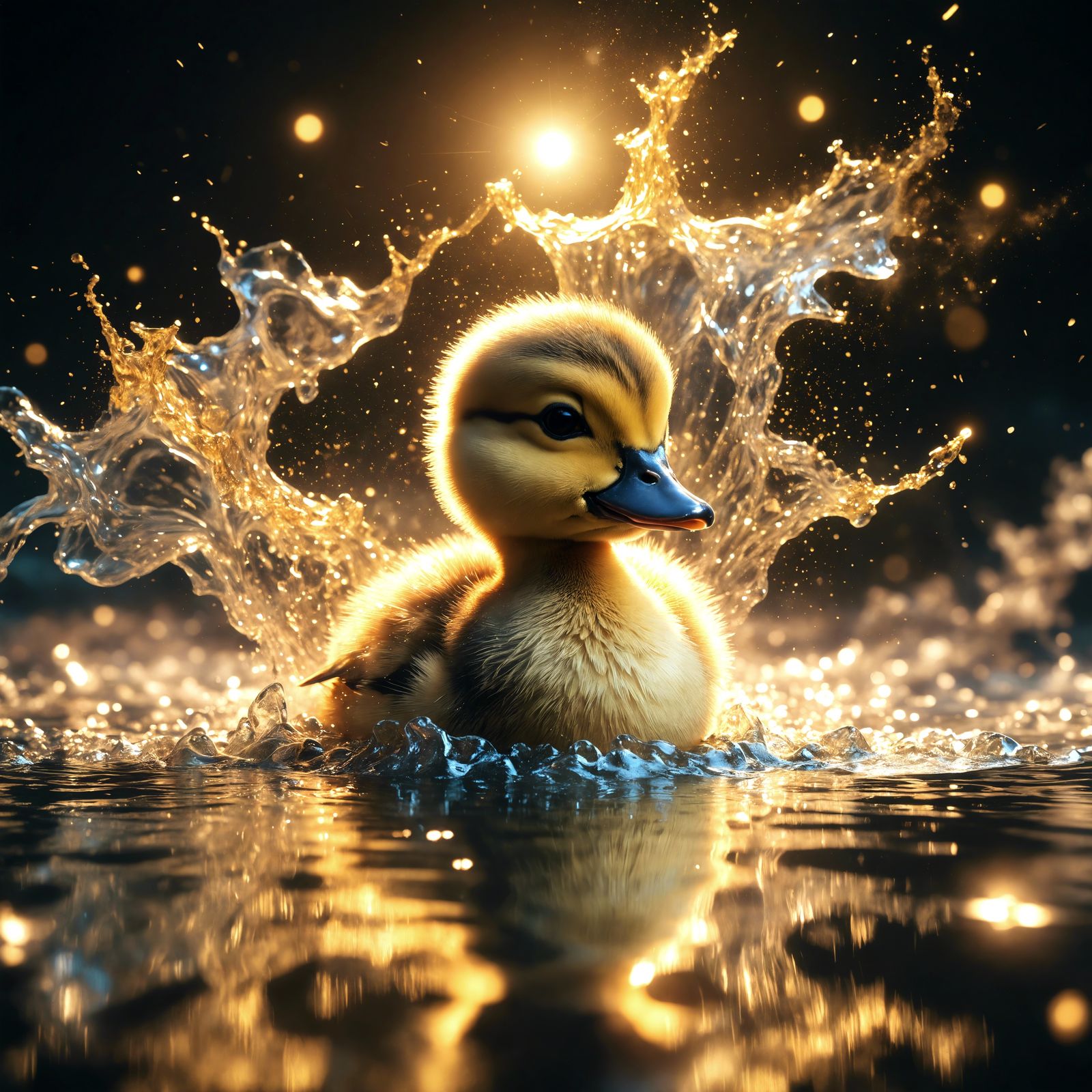 Duckling Dissolving into Golden Dust on Mystical Pond