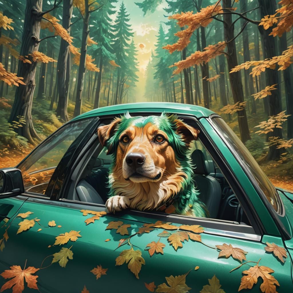 Dog in Car Window Through Whimsical Forest