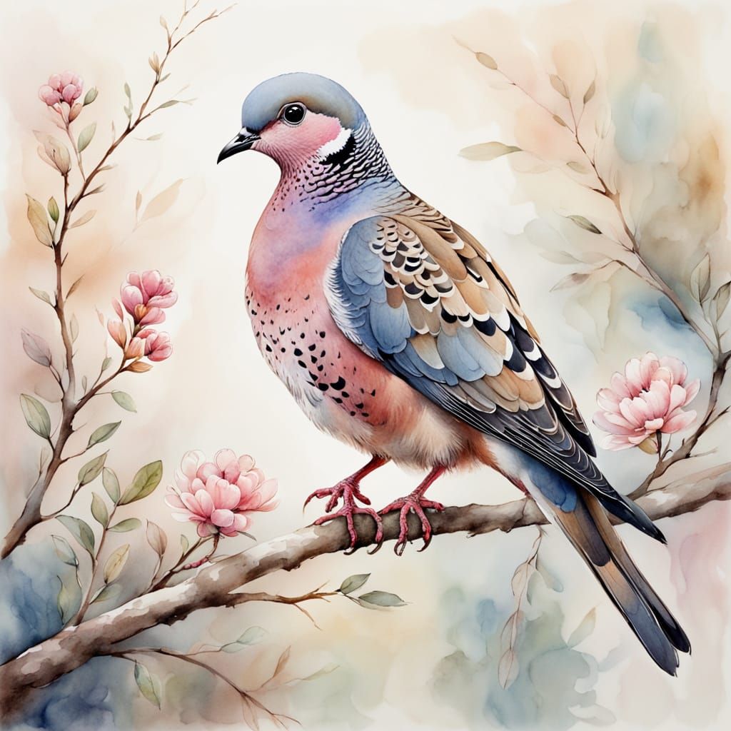 Spotted Dove on Branch in Watercolor Style