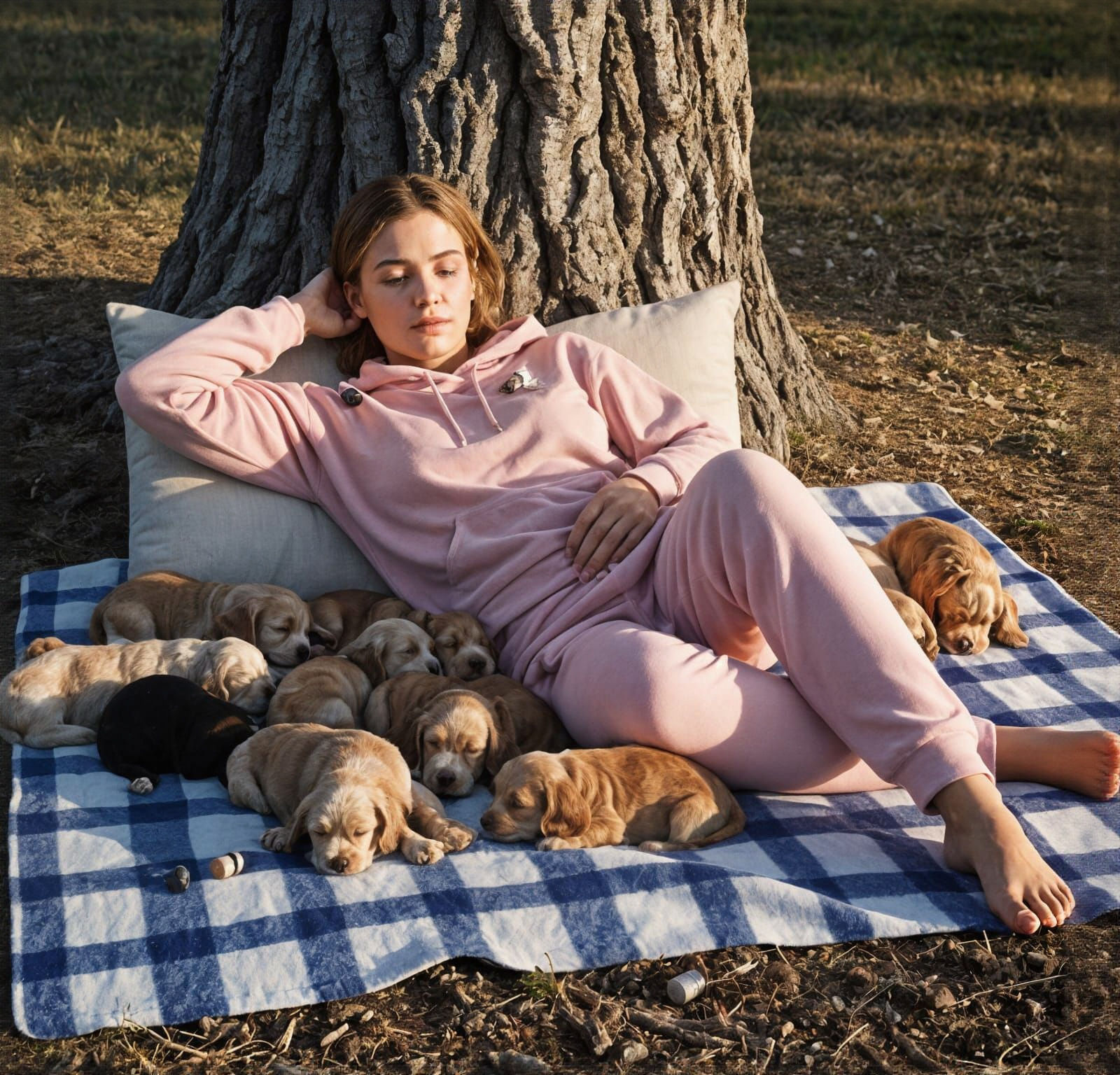 Woman Resting with Cocker Spaniel Puppies Under Cork Oak