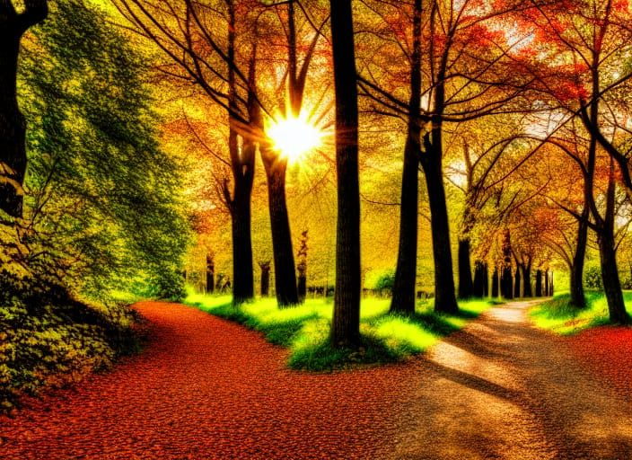 Autumn Path Through Sunny Forest: Photorealistic 8K