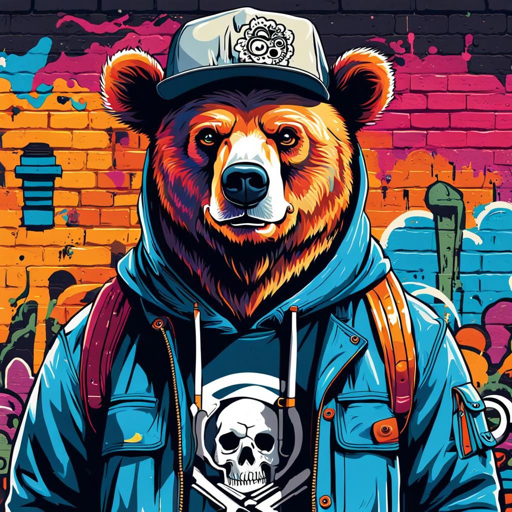 Stylized Graffiti Bear with Skeleton Face in Vector Art