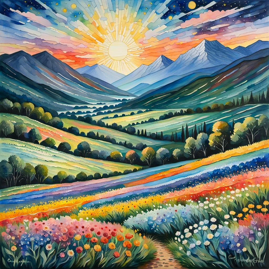 realistic, true to life, life like , highly detailed watercolor wildflower field overlooking lush mountain valley, grad...