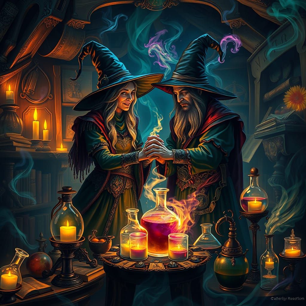 Fantastical Potion Makers in a Whimsical Chamber