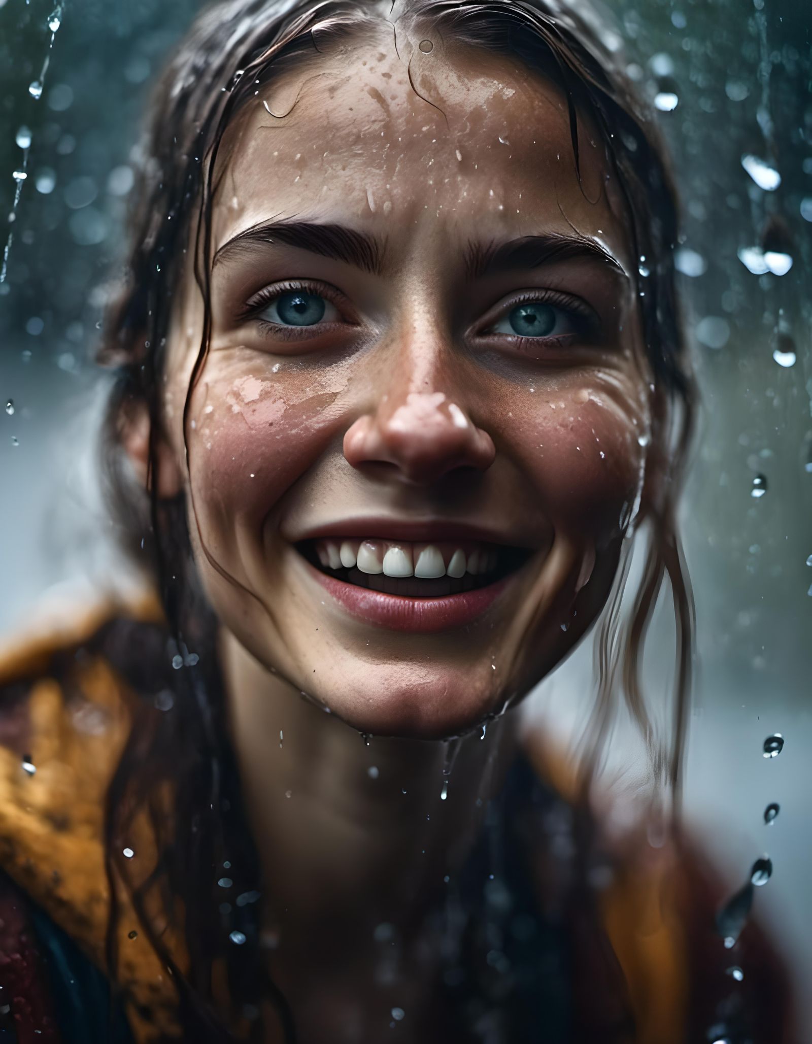 Woman Laughing in Rain: Macro Photography Portrait