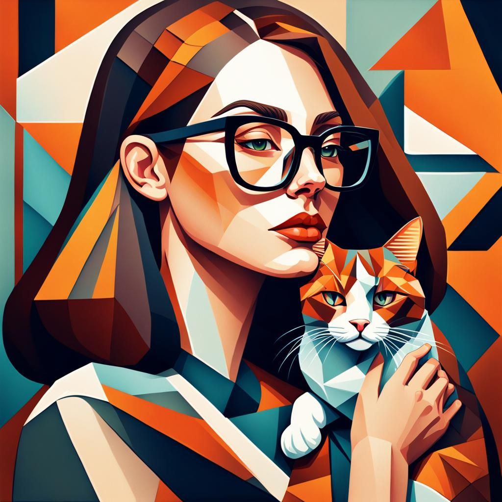 Girl with Cat in Cubist Art Deco Style