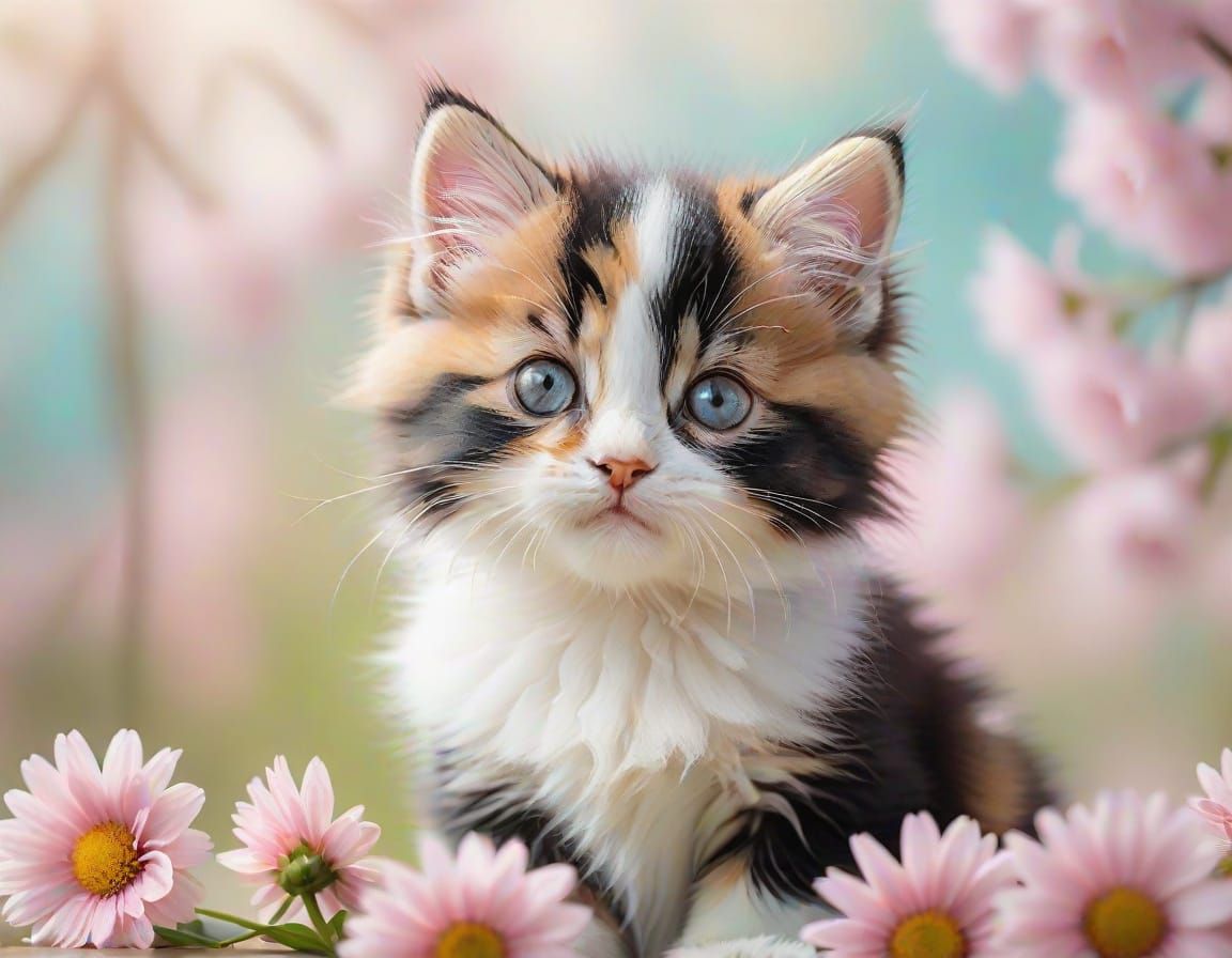 Whimsical Calico Kitten in Pastel Wonderland