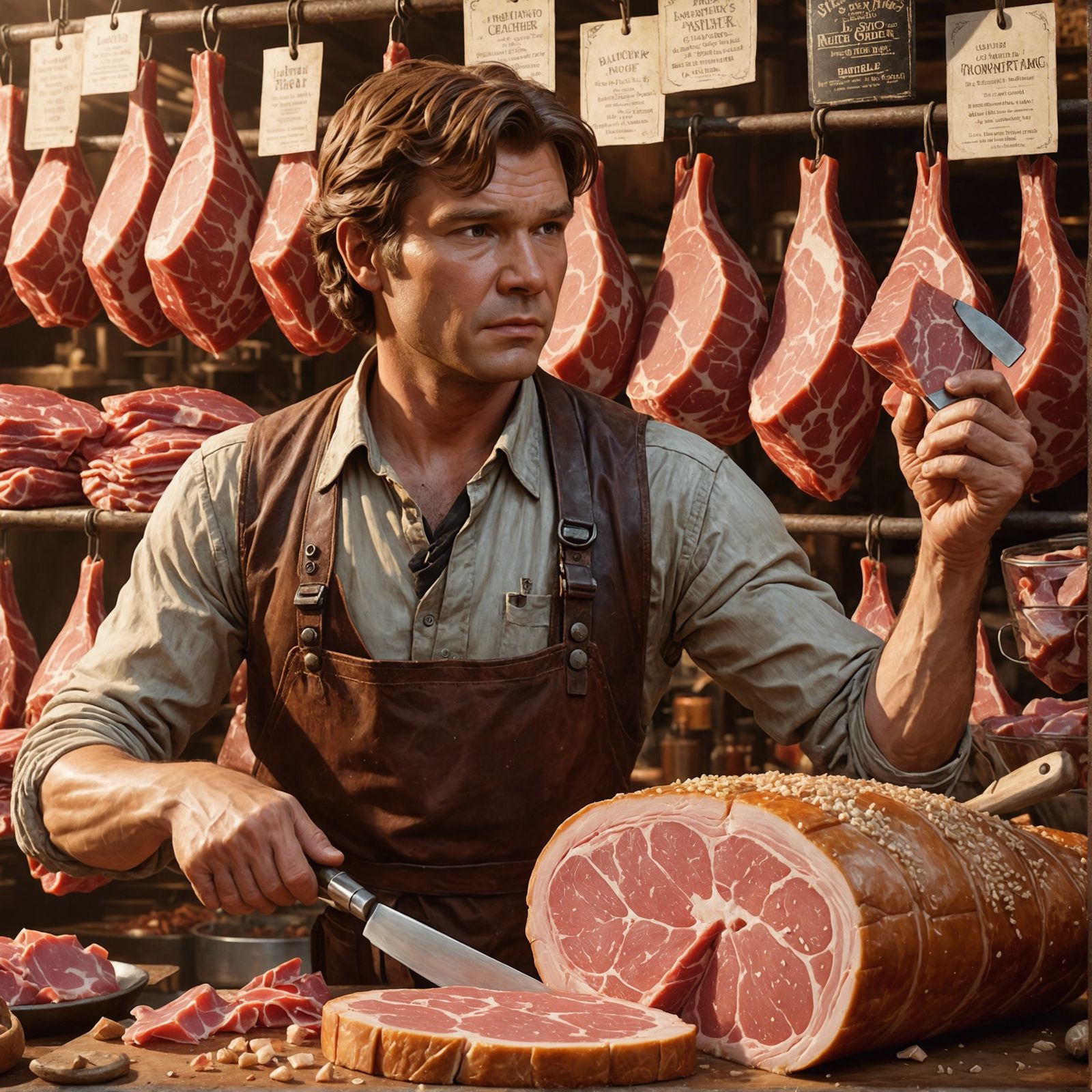 Handsome Butcher in Shop as Oil Painting