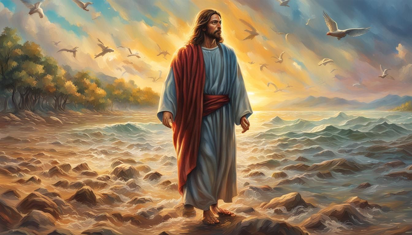 Jesus on Galilee Beach in Hyperrealistic Splash Art