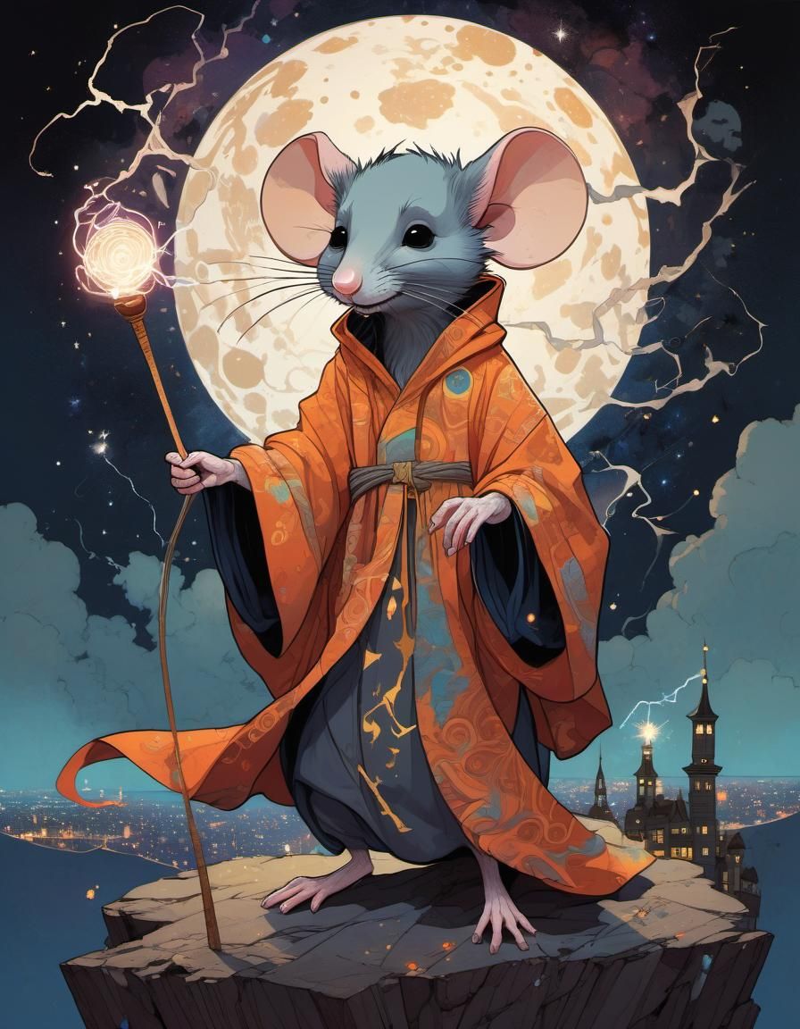 Cosmic Wizard Mice with Crane in Larson Style