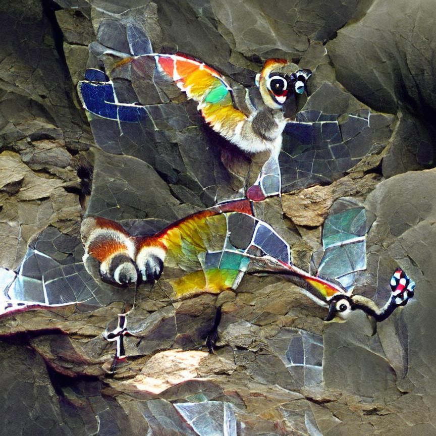 Lemur with Stained Glass Wings on Rockface
