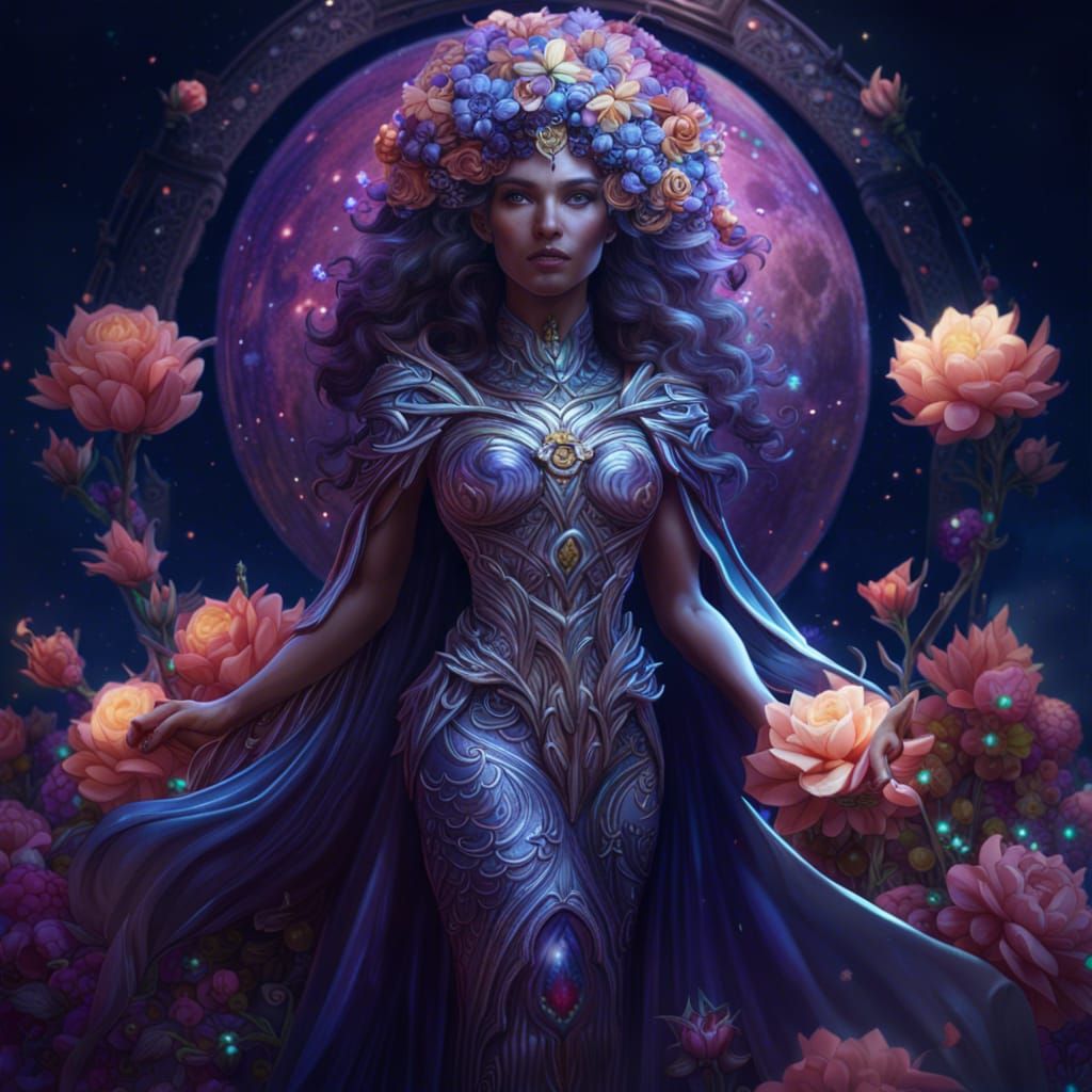 Ethereal Moon Goddess with Halo and Flowers