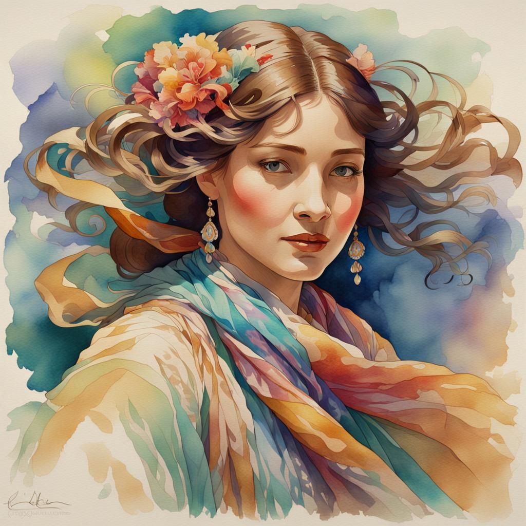 Art Nouveau Watercolour Portrait of a Dancing Lady