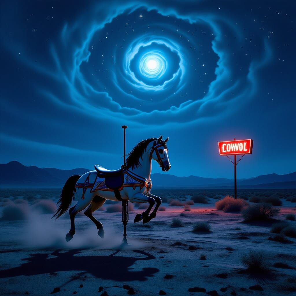 Carousel Horse in Cosmic Desert, Film Noir Style