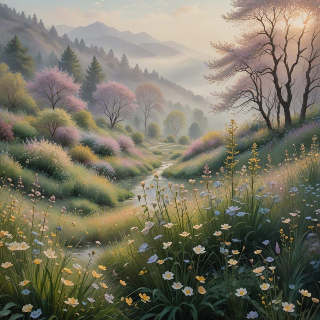 Impressionist Masterpiece: Serene Spring Morning in the Mist...