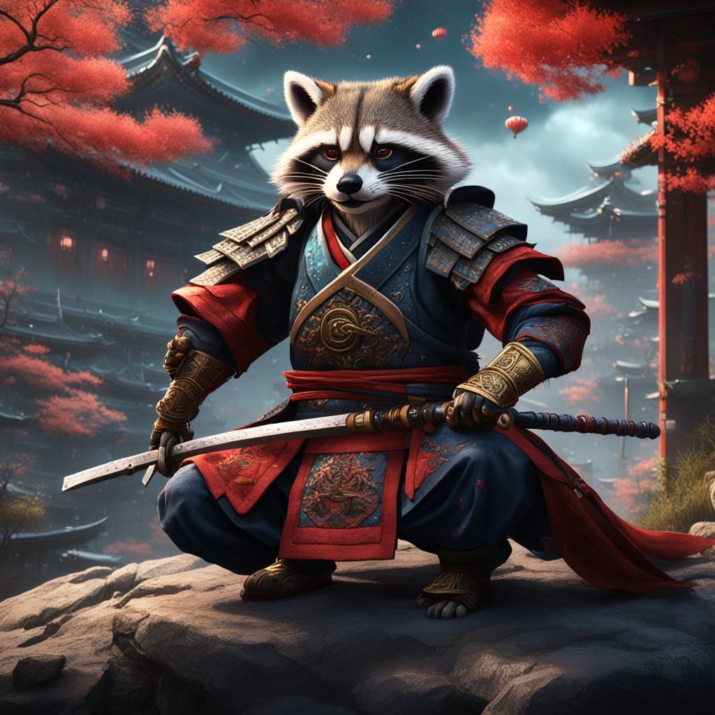 Racoon Kitsune Samurai: Detailed Matte Painting