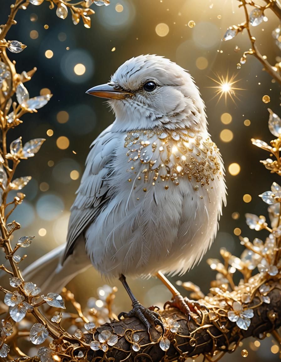 Sparkling White Bird Portrait with Golden Filigree