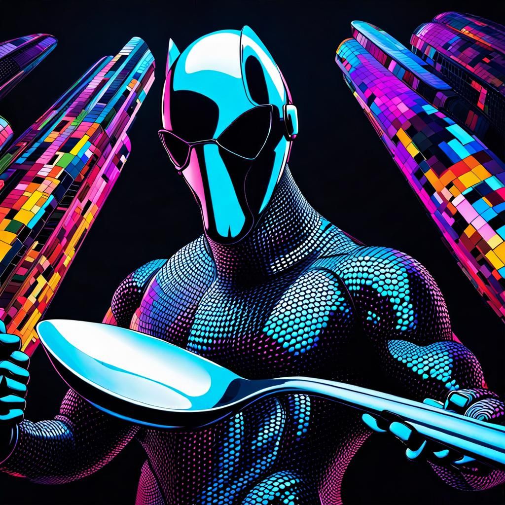 Spoon Superhero in Surreal Cubist Computer Station