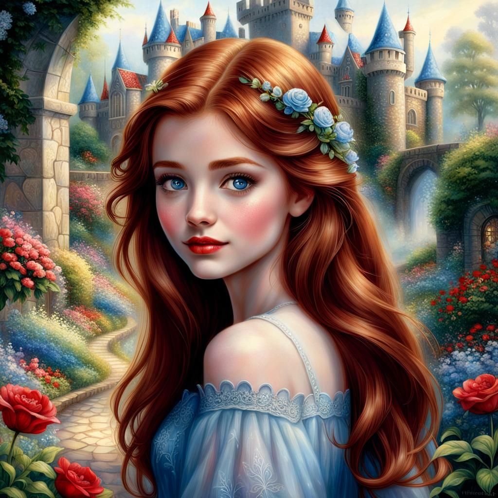Auburn-Haired Girl in Ethereal Castle Garden